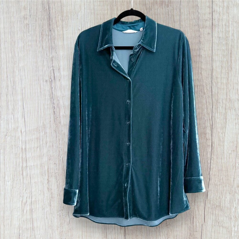 Soft Surroundings Teal Stretch Velvet Button Front Tunic Shirt Women’s L
